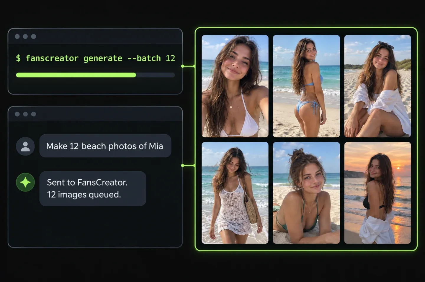 a terminal command and an AI assistant chat sending a batch of beach photos to FansCreator