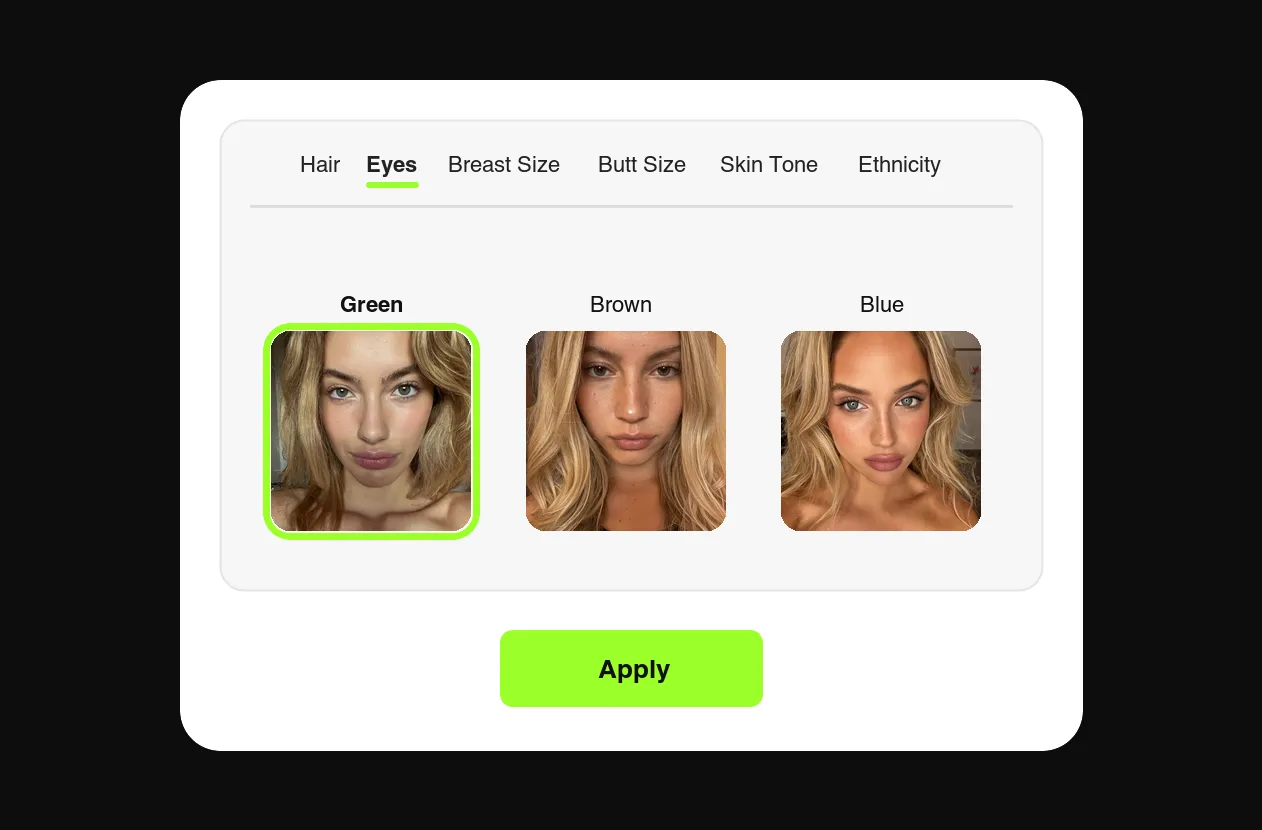 AI influencer customization screen with hair, body and ethnicity controls