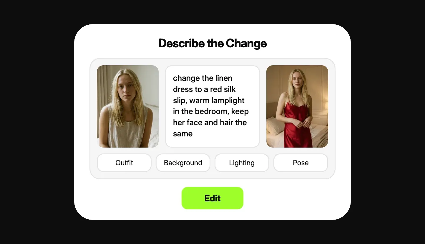 edit panel turning a picture of the creator into a new outfit and scene
